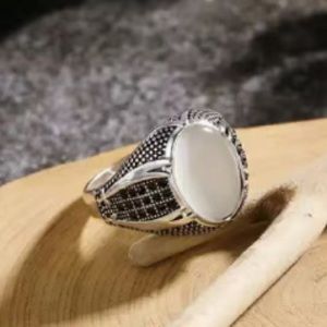 Antique Silver Translucent Stone and Black Mini Rhinestones Ring